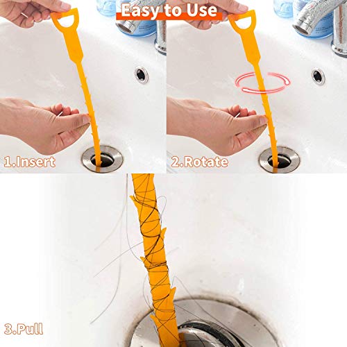 YOLETO 6 Pack Drain Clog Remover, Unclog Shower Bathtub Sink Cleaner Stick Household Cleaning Tools Hair Catcher (20 Inch, Orange)