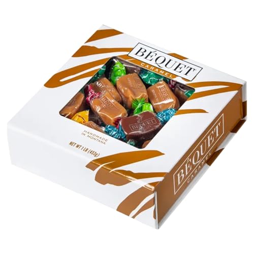 Béquet Celtic Sea Salt Caramel Deluxe Gift Box - Individually Wrapped Gourmet Caramel Candy in Premium Window Box - Gift for Birthdays, Holidays, Thank You, Housewarming, Christmas & More - 16 oz