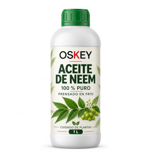 OSKEY Aceite de Neem 100% Puro Prensado en Frío para Plantas, 1 L | Para macetas, huerto y jardín; uso diluido 3–7 ml por 1 L de agua. Textura natural variable con el frío.