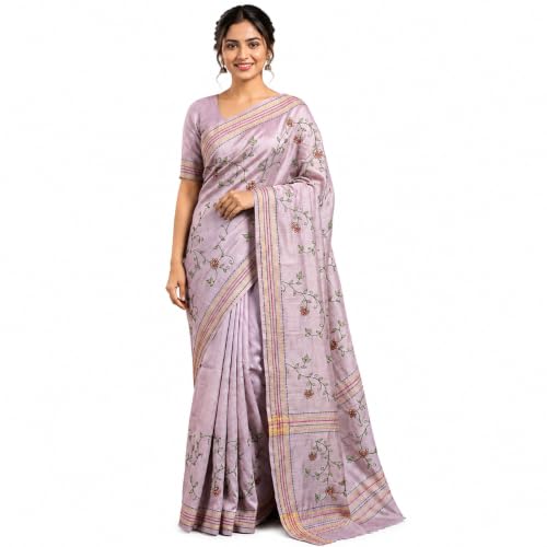 Siya Ethnic Pastel Lavender Pink Soft Tussar Silk Saree with Kantha work