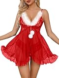 Vicarly Sexy Open Front Floral Lace Mesh Sheer Babydoll Lingerie Dress Set with Thong 2 Piece Women See Through Sleepwear V Neck Ruffle Chemise Negligee Christmas Red Small