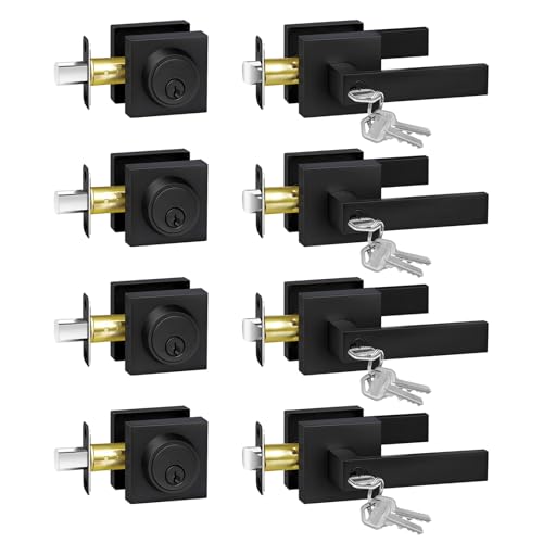 Camtek Matte Black Door Locks for Front Door Exterior Door Lock Set with Single Cylinder Deadbolt Lock Flat Square Door Handle for Front Door 4 Pack (All Same Keyed Alike)