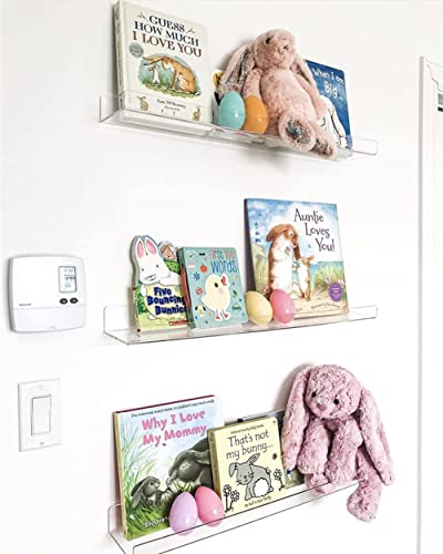 Acrylic Floating Wall Shelves 2 Pack Kids Bookshelf 24 Inch, Wall Mounted Invisible Ledge Shelf, Spice Rack, 4Mm Thick Clear Bathroom Storage Shelves Display Organizer Toy Picture With 6 Screws #TOP3