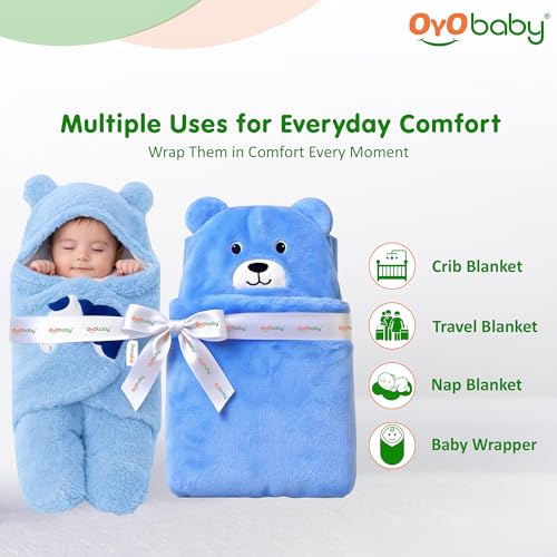 Image of OYO BABY Hooded Sleeping Bag & Baby Blanket | Newborn Blanket Combo Pack of 2 | Microfiber Fleece & Sherpa Fabric | Extra Warm & Skin Friendly | 0-12 Months | Bear & Unicorn