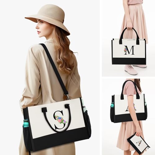 QLOVEA Initial Tote Bag with Makeup Bag - Personalized Christmas Thanksgiving gifts for Women, Monogrammed Gifts for Mom Grandma Sister Aunt Teacher Friends Nurse Letter M