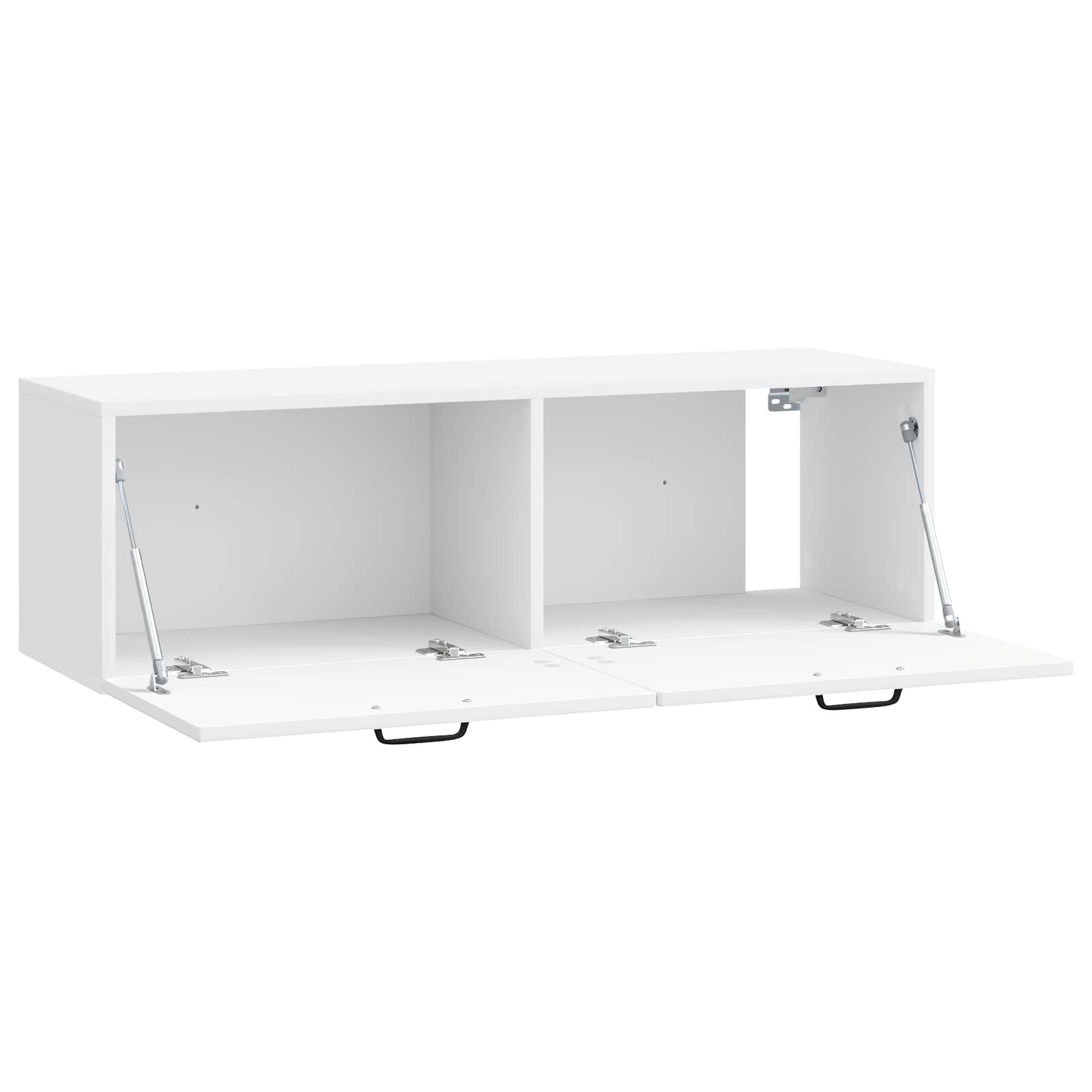 Mueble para TV montado en la pared, color blanco brillante, 98 x 31 x 30 cm, moderno mueble bajo de madera para salón, mueble de TV colgante con 2 puertas giratorias y espacio de