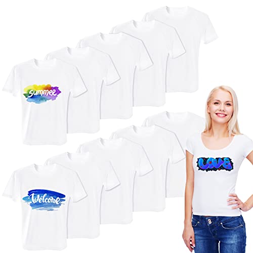 Handepo 10 Pieces Women Sublimation Blank T-Shirt Large Sizes White Polyester Shirts for Sublimation Crew Neck Short Sleeve T-Shirt for DIY
