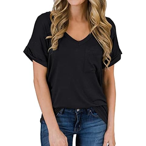 MIHOLL Womens Tops Short Sleeve V Neck T Shirts Summer Basic Tees with Pocket (Black, Medium) Cover