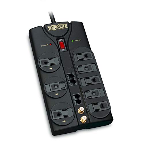 Tripp Lite 8 Outlet Surge Protector Power Strip, 10ft Cord, Right-Angle Plug, Tel/Modem/Coax/Ethernet Protection, RJ11, RJ45, & $250,000 INSURANCE (TLP810NET) Grey