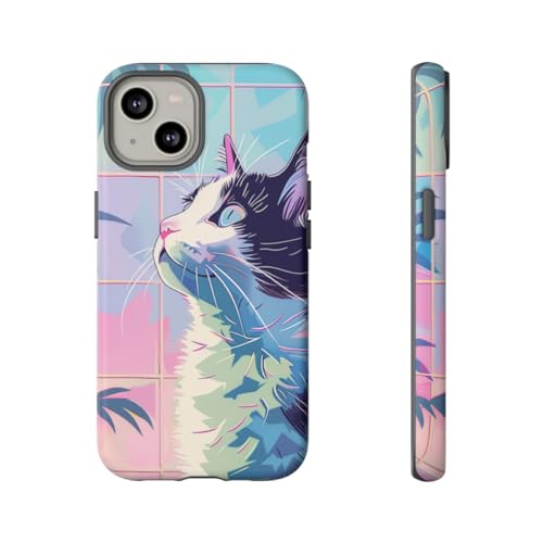 Chat coloré coque iPhone 14 rigide mate au motif de feuilles tropicales