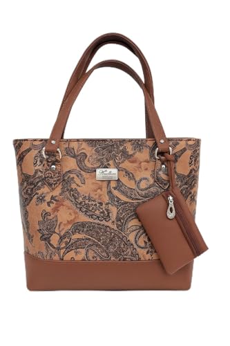 Image of De Elmore Elegant Floral Paisley Print Tote Bag | Women's Designer Look Top Handle Shoulder Purse with Zipper Pouch