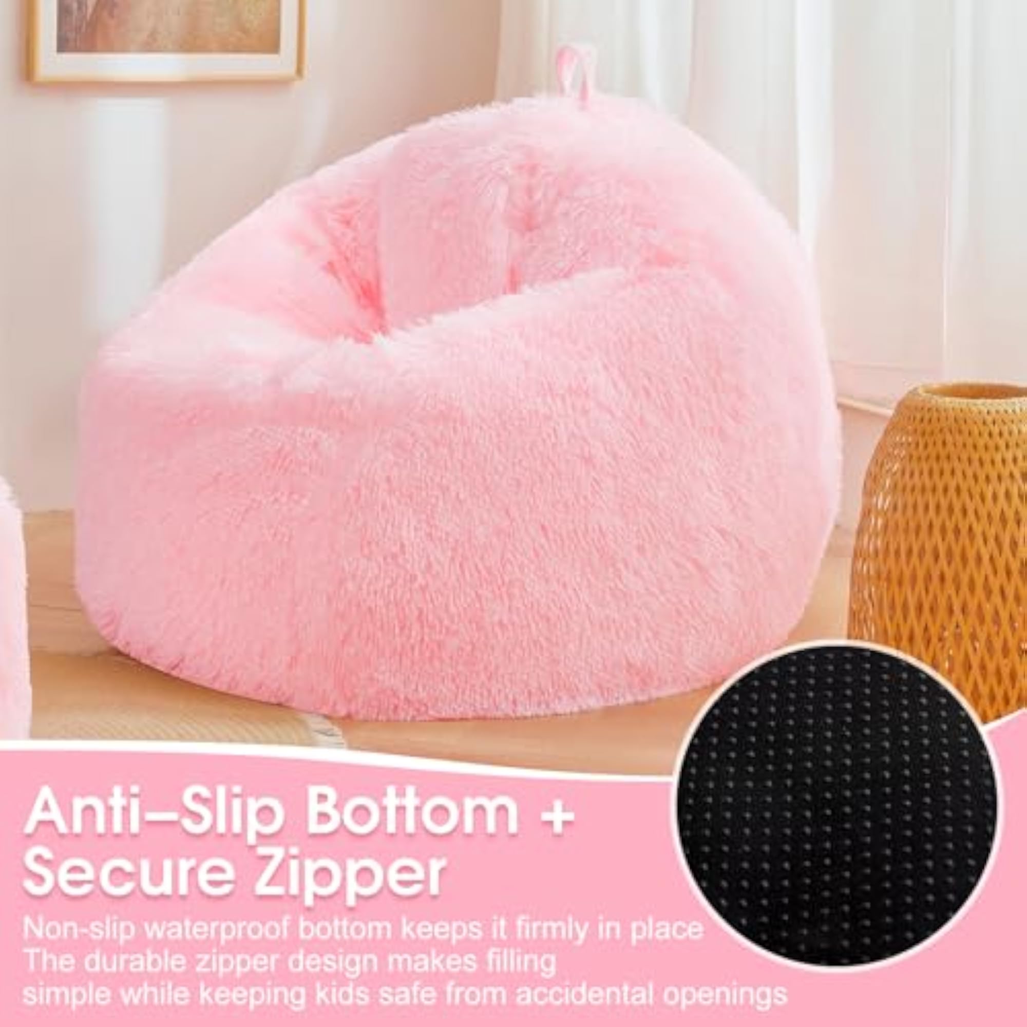 Fluffy Faux Fur Bean Bag Chair Cover, Pink