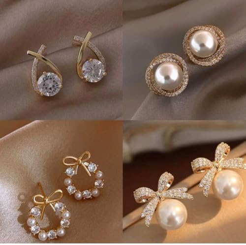 Generic misthi jewel Korean Style Pearl & Crystal Bow Earrings Set, - Image 2