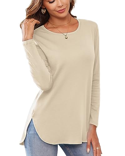 Image of Herou Women's Casual Long /Short Sleeve T Shirt Crewneck with Side Split Fall Pullover Loose Tunic Sweater Tops