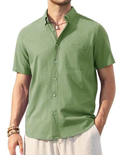 Alimens & Gentle Mens Linen Shirt Short Sleeve Casual Cotton Button Down Shirts Collared Summer Shirts