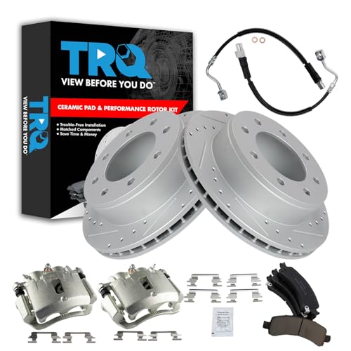Image of TRQ Brake Pad & Rotor Kit Slotted X Drilled Performance Ceramic Compatible with 2003-2010 Chevrolet Express 2500 2011-2012 Express 3500 GMC Savana 2500 2007-2012 Savana 3500