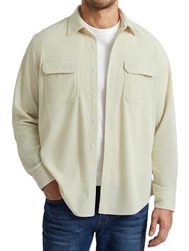 Image of Enlision Mens Corduroy Shirt Casual Button Down Shacket with Flap Pockets Retro Trucker Style Top Soft Touch Long Sleeve Blouse Spring Autumn Cream XL