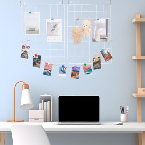 OLYCRAFT 2 Packung Gitterwandpaneele 40x30cm Metallgitter Weiß Mit 24 Haken 55 Clips 5 m Seil Drahtgitterwandpaneel Fotogitterwand Für DIY Heimdekoration Foto Memo Display
