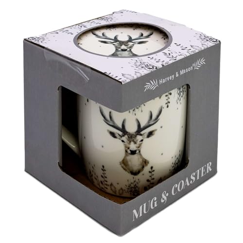 RSW Christmas Stag Mug & Coaster Set - 350ml Bone China - Gift Idea for Xmas - Stag Themed, Hot Drinks, Tea, Coffee