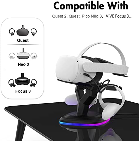 AMVR Headset Charging Dock, VR Display Stand Accessories for Quest, Quest 2, Rift or Rift S VR Headset and Touch Controllers, More Stable and Heavy Station Base with Atmosphere Light