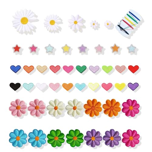 fKiZanthene Patch Thermocollant Lot de 47 Écussons Brodés Fleurs et Cœurs, Applications Colorées à Repasser ou à Coudre pour Décoration et Réparation de...