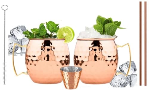 BOLD & DIVINE Copper Plated Moscow Mule Mugs Set of 2 | 18 Oz Hammered Cups with 304 Stainless Steel Lining and Gold Brass Handles | Bonus Copper Straws Shot Glass & Cleaning Brush
