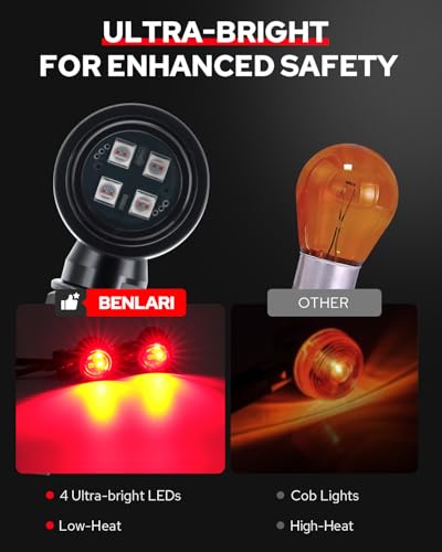 Image of Benlari Mini Motorcycle Bullet Turn Signal Lights, LED Rear Turn Signal Lights, 4 LEDs Red Amber Blinkers Turn Lights Fit for Honda Yamaha Suzuki Kawasaki Harley Chopper Bobber, Gloss Black, 2PCS