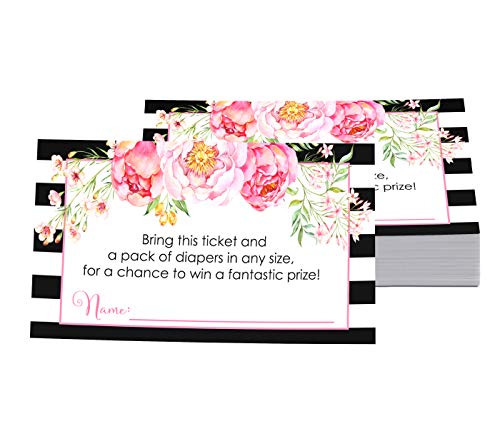 Modern Floral Diaper Raffle Tickets (25 Pack) Baby Shower Games for Girls – Invitation Insert Cards - Pink and Black