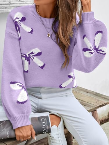 Image of Libsorge Womens Oversized Cute Bows Crewneck Cozy Pullover Sweater | Fall Winter Trendy Long Shoulder Balloon Sleeve Knit Baggy Printed Dressy Casual Valentines Day Vintage Sweaters