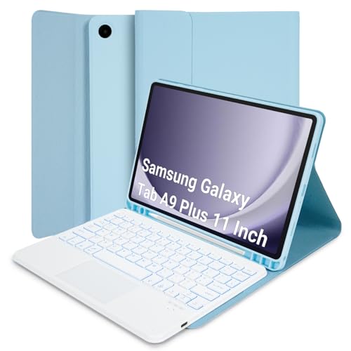 iXTRA Keyboard Case with Touchpad for Samsung Galaxy Tab A9 Plus 11 Inch 2023 SM-X210/X216/X218 Slim PU Leather Keyboard Case with Magnetic Detachable Keyboard 7 Color Backlit S Pen Holder, Blue