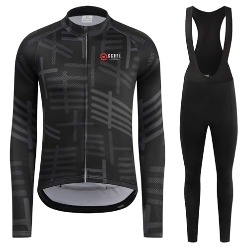 GCRFL Winter Cycling Jersey Sets Thermal Fleece Bike Jersey + Bib Pants, Long Sleeve Cycling Clothing Sets for Man (Black, M)