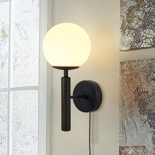 Image of KCO Lighting Plug in Wall Sconce Light Black Vintage Industrial Wall Light White Glass Shade Bedside Wall Lamp for Bedroom Stairs Hallway(Black Plug in)