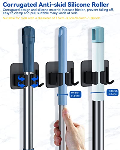 4PCS Besenhalterung Wand, Self-adhesive Gerätehalter mit Haken, Besenhalter aus Edelstahl, Gartengerätehalter ohne Bohren, Werkzeughalter Wand, Wandhalterung Besen für Abstellraum, Garage, Garten