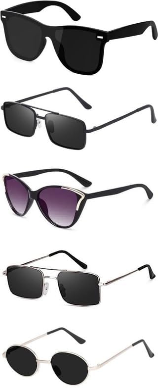 Sheomy Unisex combo offer pack of 5 shades Unisex Fashion Sunglasses Set, 5 Pairs, Metal Frame, Black and Silver - Combo5-23168