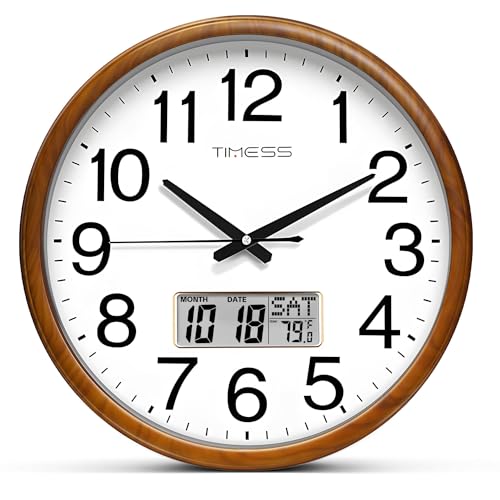 TIMESS Wall Clock, Classic Wood Style Finish, 11 Inch Non-Ticking Silent Battery Operated Quartz Analog with Perpetual Calendar and F° Temperature Display, Home, Office Décor (Wood Yellow)