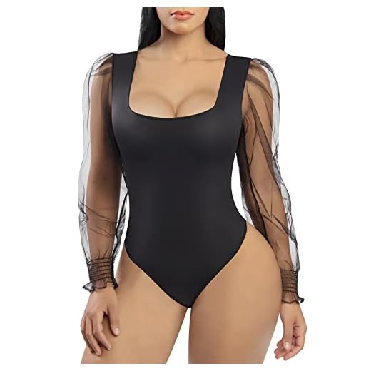 FeelinGirl Sheer Mesh Square Neck Bodysuit for Women Shapewear Thong Bodysuit Long Sleeve Tops Basic Body Suits Black M