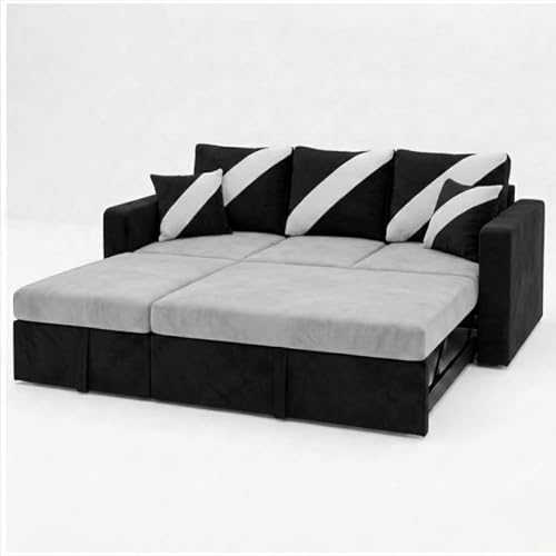 Image of FURNY Trivia 4 Seater LHS Lounger Sofa Cum Bed (Light Gray - Black) with Pull-Out Function | Luxury Velvet Suede Finish | Durable Comfort | Ideal for Living Room