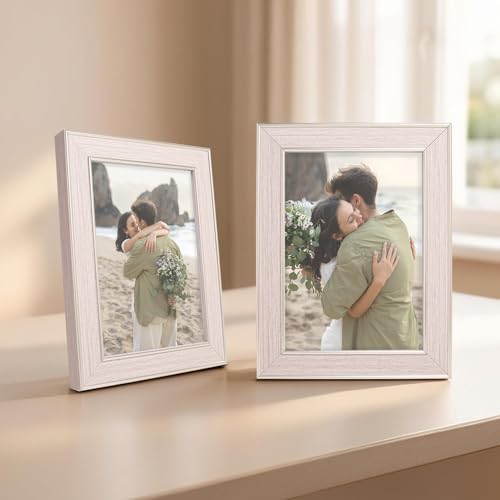 Image of GOLDEN PEACOCK Set of 2 Antique Light Wood Tone 5x7 Inch Photo Frames with Gold Trim | Elegant Wall & Tabletop Picture Frame for Home Decor and Gifting