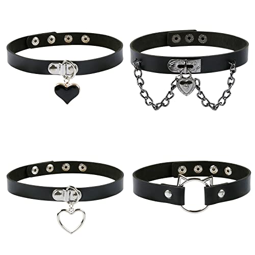 Pomeloone Collar de Gargantilla, 4 PCS Cuello de Cuero Gótico, Gargantilla de Mujer con Remaches Collar de Punk Rock Ajustable Collar de Cosplay, Collar con Corazón de Metal para Fotos Callejeras