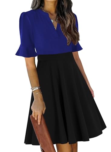 Image of Mokayee Womens Summer V Neck Ruffle Short Sleeve Fit and Flare Knee Length Church Wedding Guest Dresses with Pockets