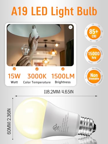 Image of 12 Pack LED Light Bulbs 100 Watt Equivalent, A19 15W Soft White 3000K, 1500 Lumens Super Bright E26 Standard No Flicker Energy Saving Lamp Bulb for Home, Bedroom, Office, 15000 Hrs, Non-Dimmable