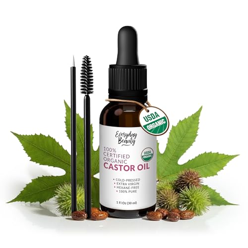 Organic Castor Oil - 100% Pure Certified USDA Organic, Cold Pressed & Hexane-Free, For Eyelashes, Eyebrows, Hair, Skin & Wellness Packs -1oz Glass Bottle & Dropper