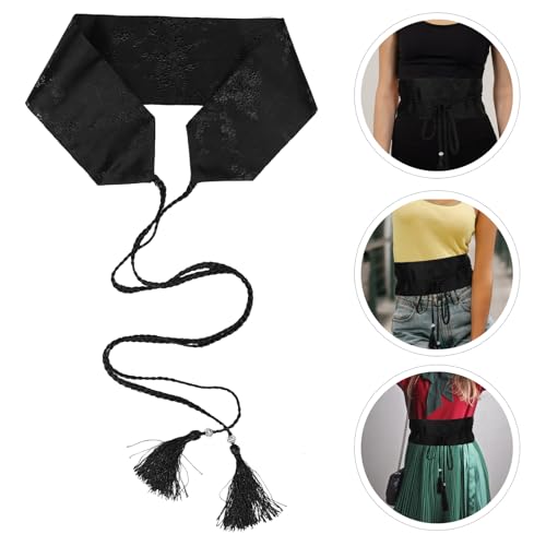 LOGOFUN Japanese Kimono Waistband Adjustable Vintage Embroidered Wide Belt with Braided Tassel for Women Cosplay Party Supplies - Black2