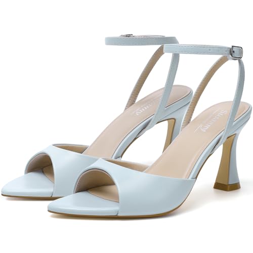Image of Susanny High Heels for Women Pointed Open Toe Strappy Chunky Block Heels Ankle Strap Stiletto Kitten Heeled Sandals Wedding Bridal Party Prom Sexy Dress Shoes