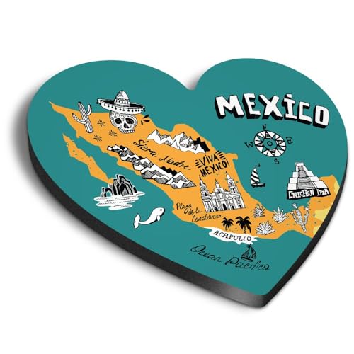 1x Heart MDF Magnet 6cm - Mexico Mexican Map Fun Landmarks - Fridge Locker Office Whiteboard Toolbox #58710