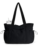 ECOHUB Large Corduroy Tote Bag with Stanley Cup Holder, Travel Tote Bags for Women with Luggage Sleeve, Shoulder Tote Bag with Laptop Compartment for Work Weekend Casual Black