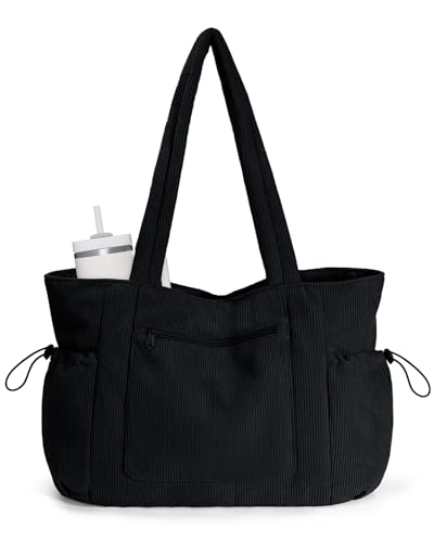 ECOHUB Large Corduroy Tote Bag, Recycled Handbags for Women with Cup Holder, Work Tote Bag with 15.6" Laptop Compartment, Shoulder Bags for School Shopping Travel Daily Use (Classic Black)