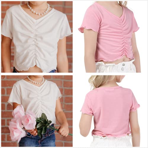 Geru Girls' Short Sleeve T-Shirt 2 Packs, Summer V-Neck Tee Tops With Twist Front Design For Babies, Toddlers 3-4 Years Pink And White #TOP3