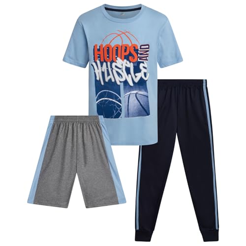 Image of Pro Athlete Boys Pants Set - 3 Piece Active Short Sleeve Graphic Tees Athletic Shorts and Jogger Sweatpants for Boys