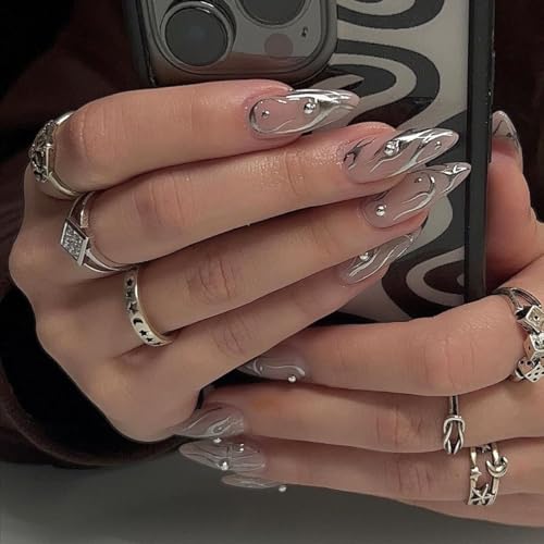 Sethexy Marrón Largo Almendra Uñas Press On Stiletto Otoño Uñas postizas Acrílico Uñas postizas para mujeres y niñas 24PCS (3)